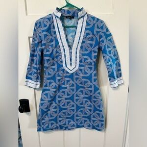 Lauren Gold 💯 Cotton boutique Dress Blue and White Geometric print